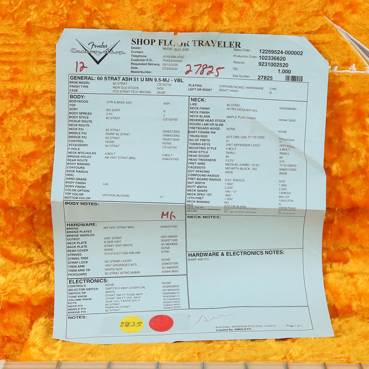 Fender Custom Shop NoNeck 1960 Stratocaster Music Zoo Exclusive Vintage Blonde NOS 2020