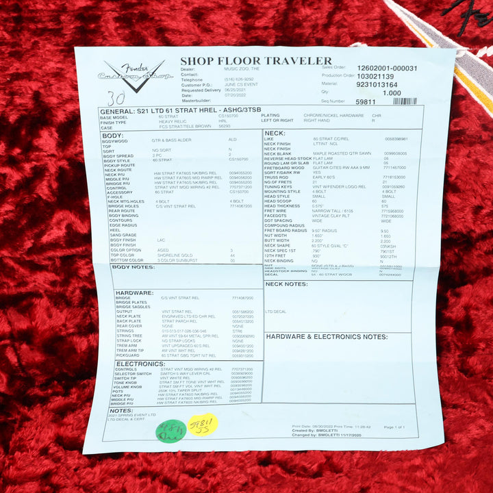 Fender Custom Shop Limited Edition 1961 Stratocaster Heavy Relic Shoreline Gold over 3-Tone Sunburst Used