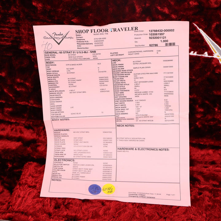 Fender Custom Shop '60 NoNeck Stratocaster NOS Sonic Blue Music Zoo Exclusive