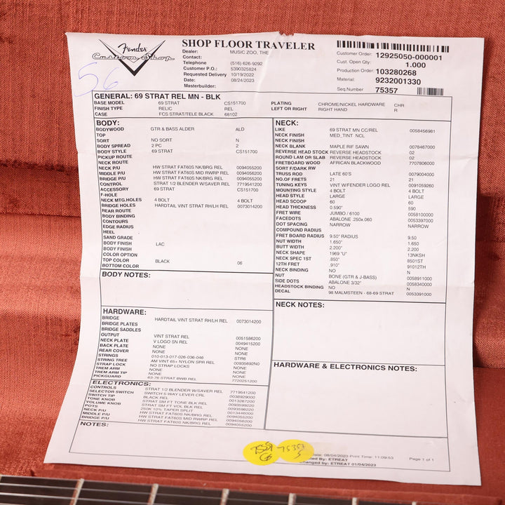 Fender Custom Shop 1969 Stratocaster Relic Black Reverse Headstock