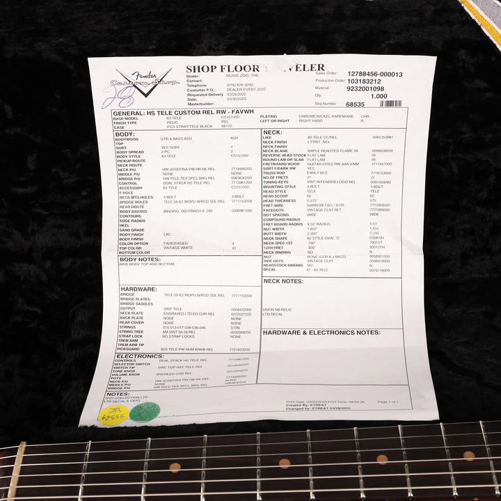 Fender Custom Shop HS Telecaster Custom Relic Faded Aged Vintage White