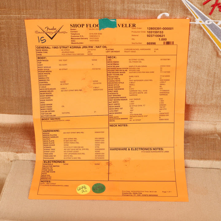 Fender Custom Shop 1963 Stratocaster Reissue Korina Body Natural Oil