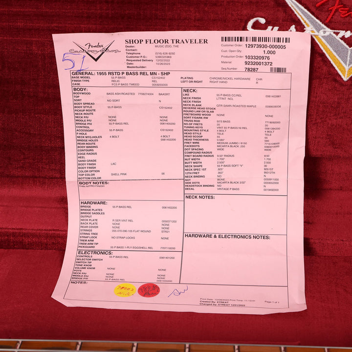 Fender Custom 1955 Precision Bass Relic Electric Bass Guitar Shell Pink