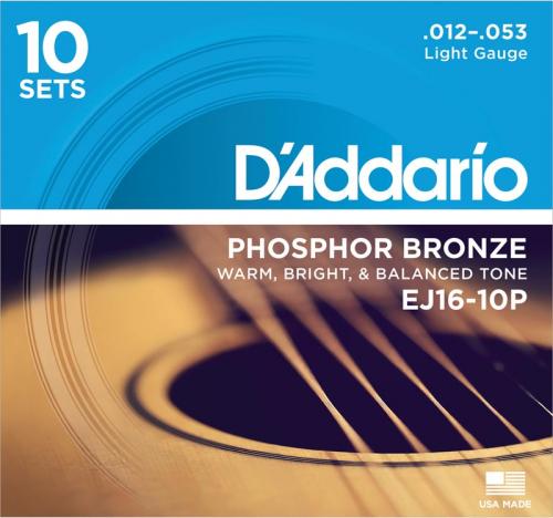 D'Addario 10-Pack Phosphor Bronze Acoustic Strings (Regular Light 12-53)