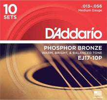 D'Addario 10-Pack Phosphor Bronze Acoustic Strings (Medium 13-56)