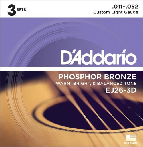 D'Addario 3-Pack Phosphor Bronze Acoustic Strings (Custom Light 11-52)